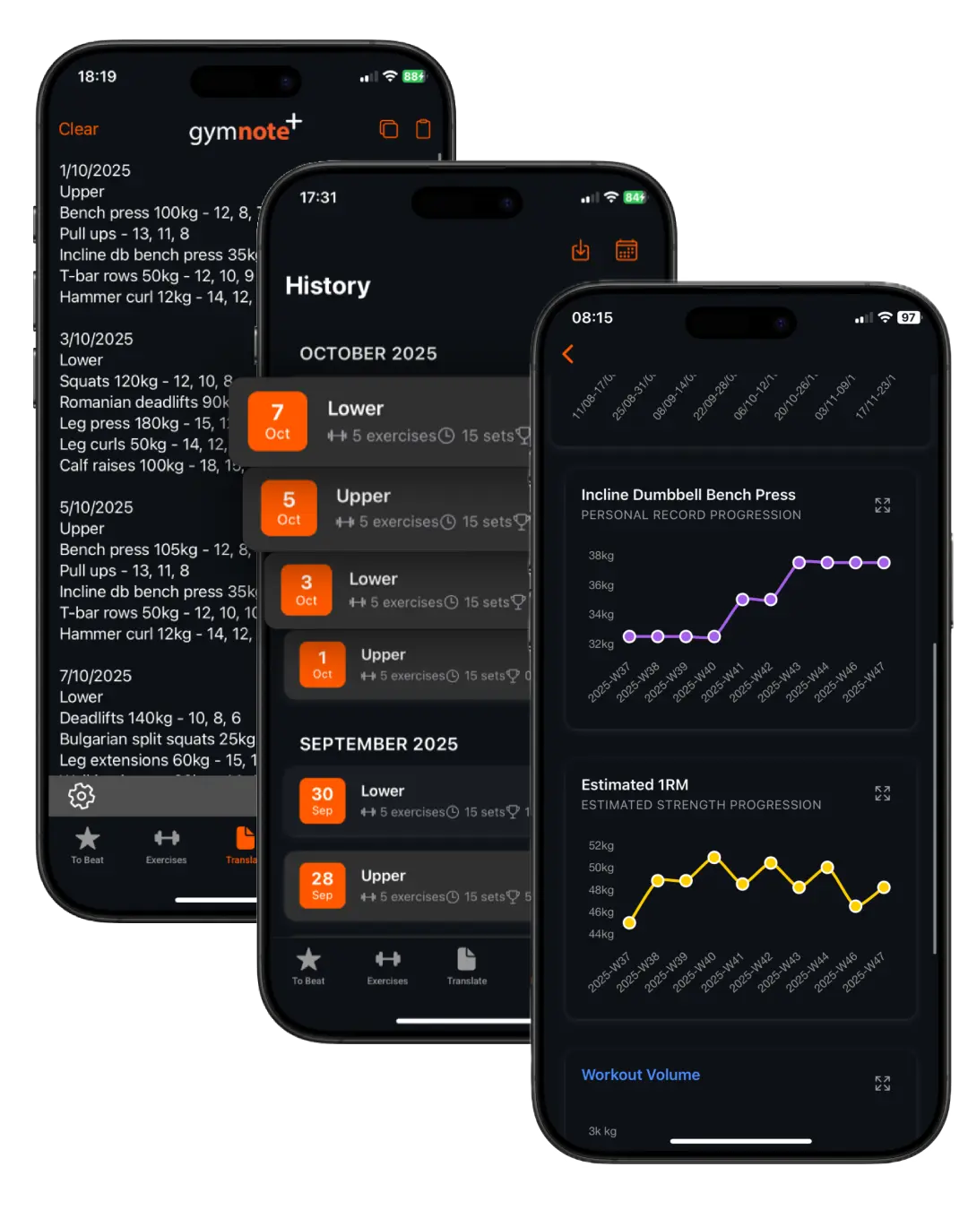 App preview showing workout history and graphs