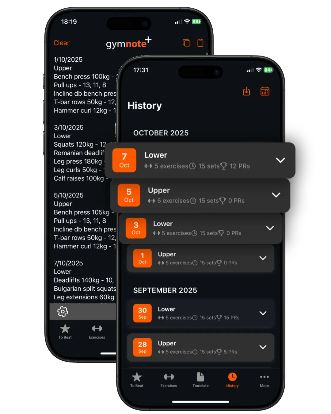 App preview showing workout history and graphs
