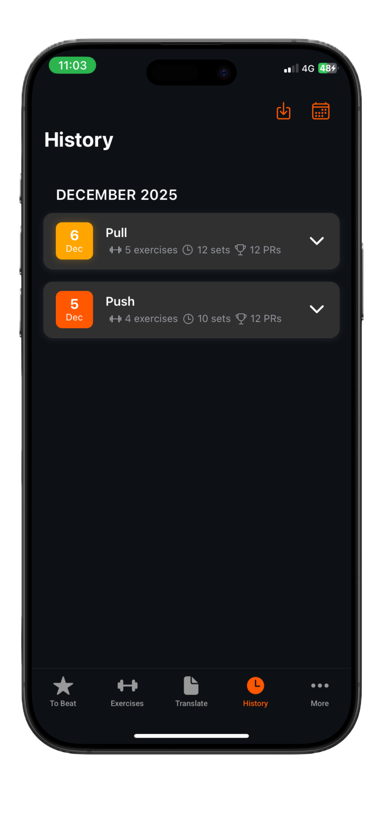 History tab with translated workouts